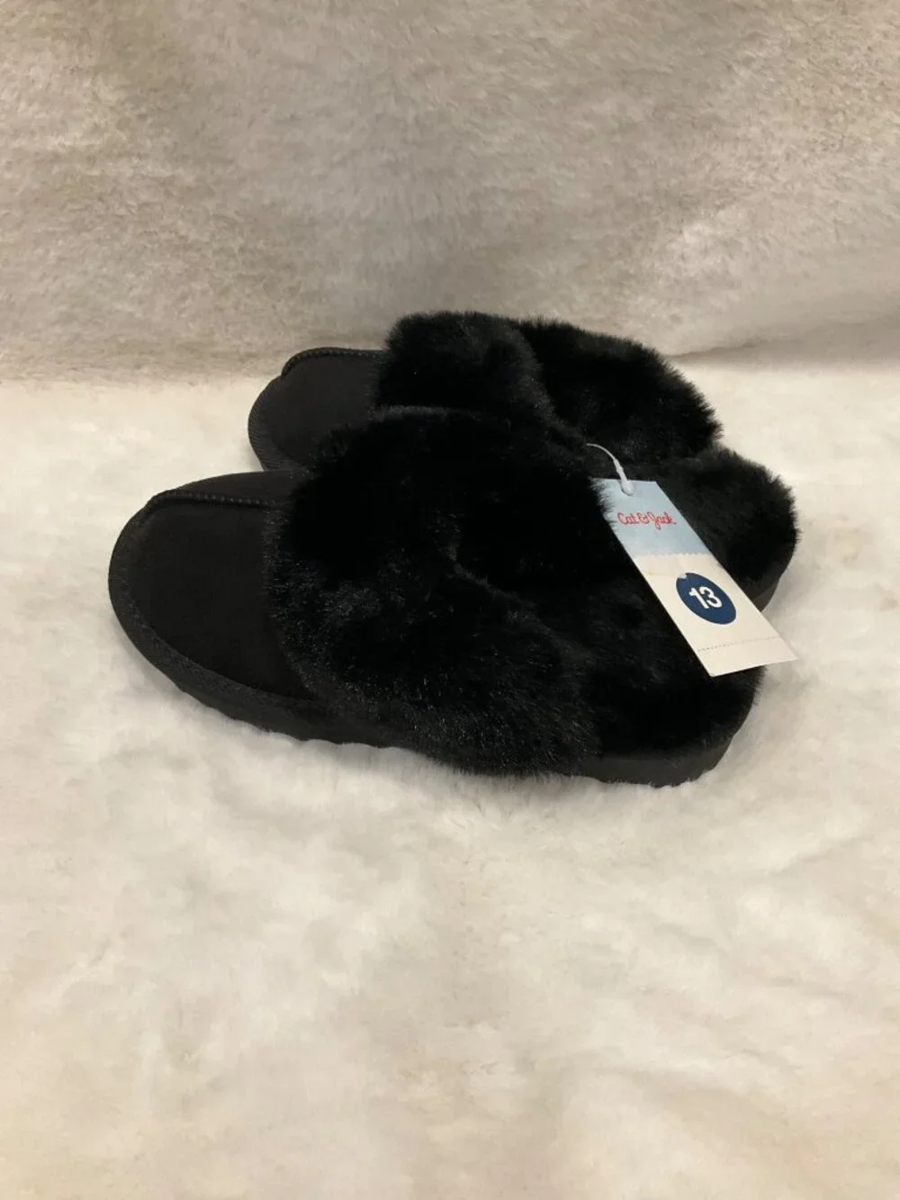 Cat & Jack size 13 Kids' Inez Scuff Slipper Black NEW with tags Faux fur